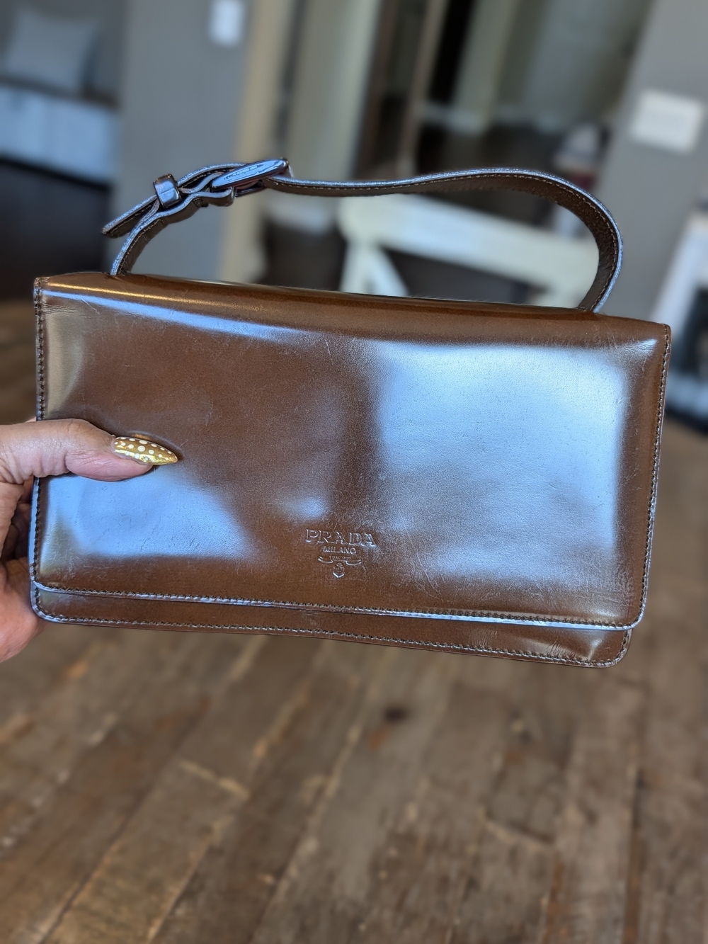 Vintage Prada Brown Spazzolato Patent leather mini top-handle flap bag